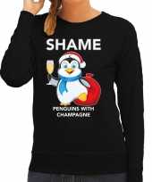 Foute zwarte kersttrui kerstkleding pinguin shame penguins with champagne dames